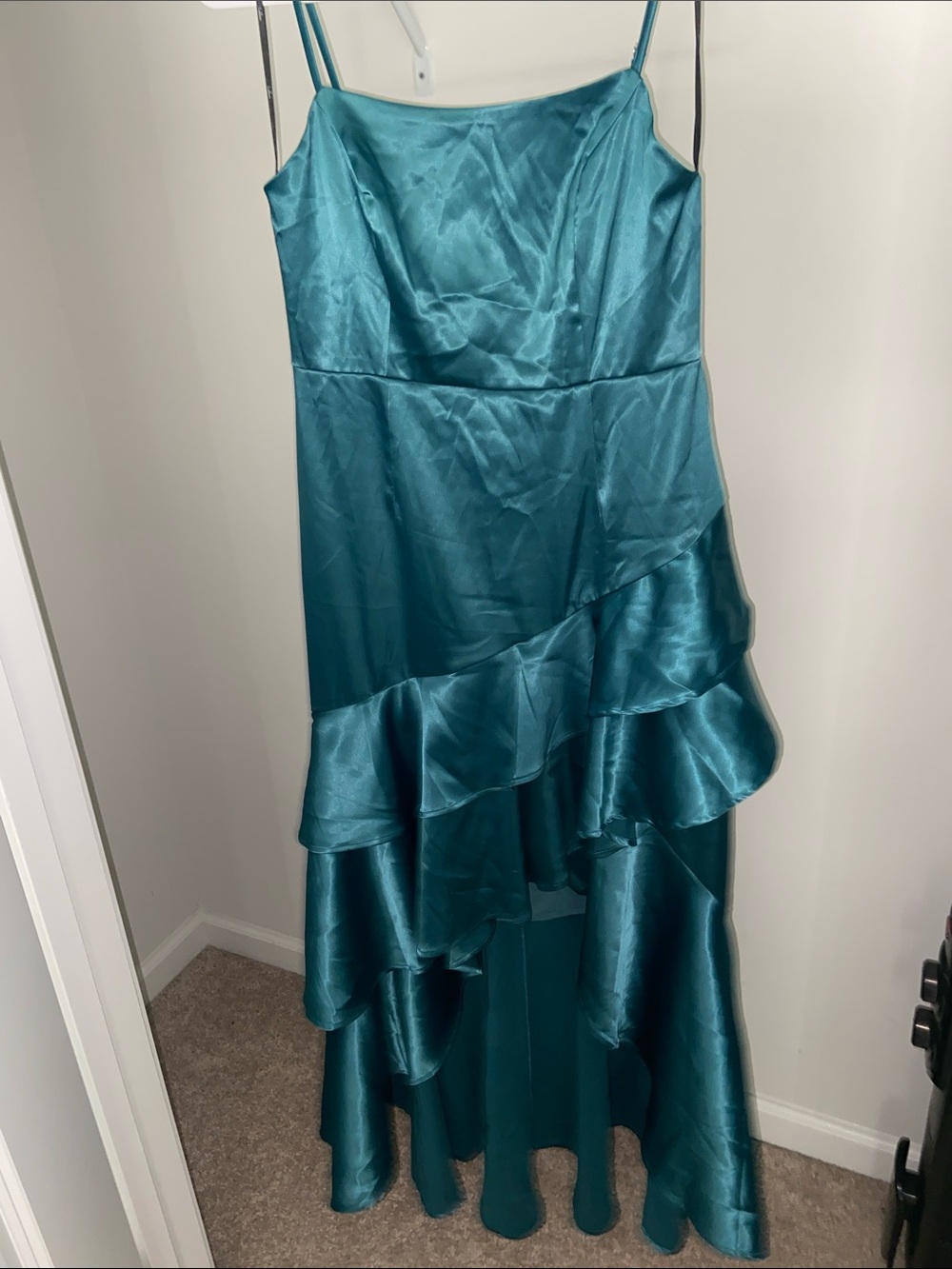 Lulus Yori Teal Green Satin Ruffled High-Low Maxi Dress